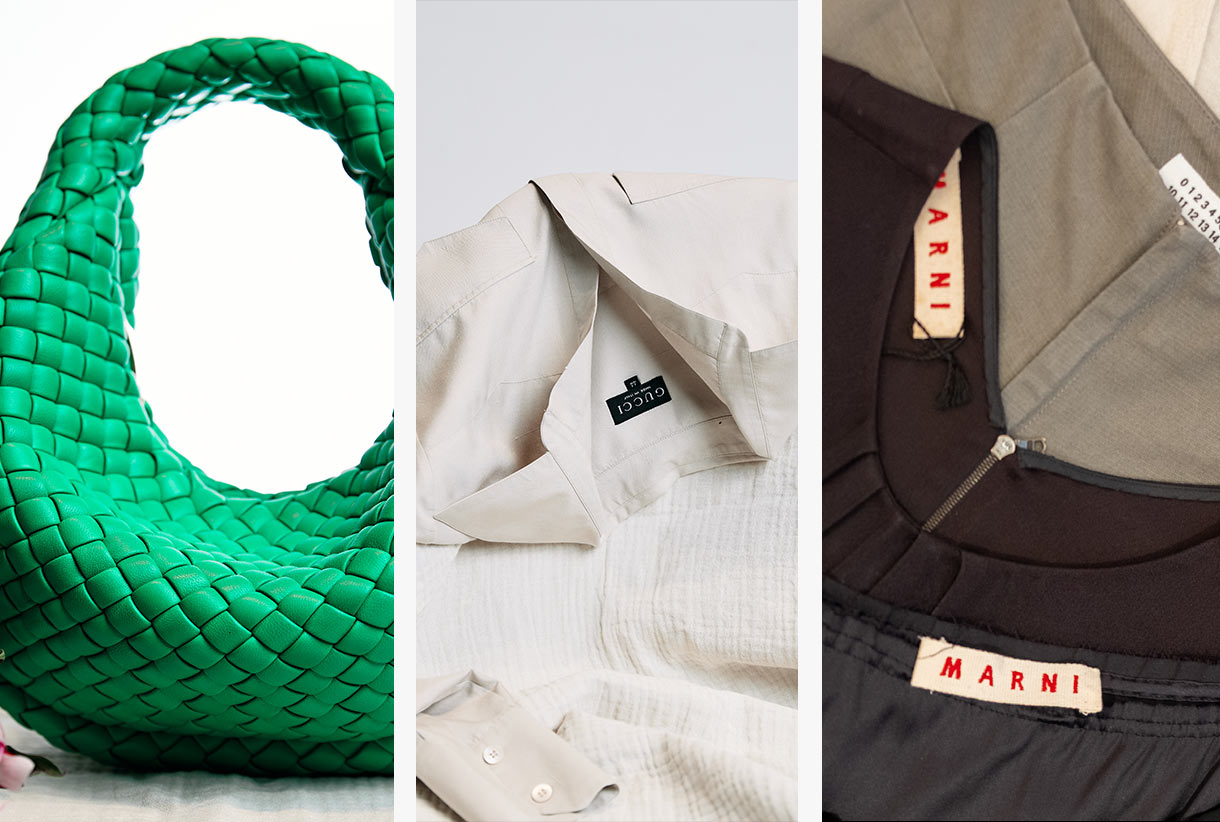 immagine con borse di lusso e vestiti di grandi marchi della moda